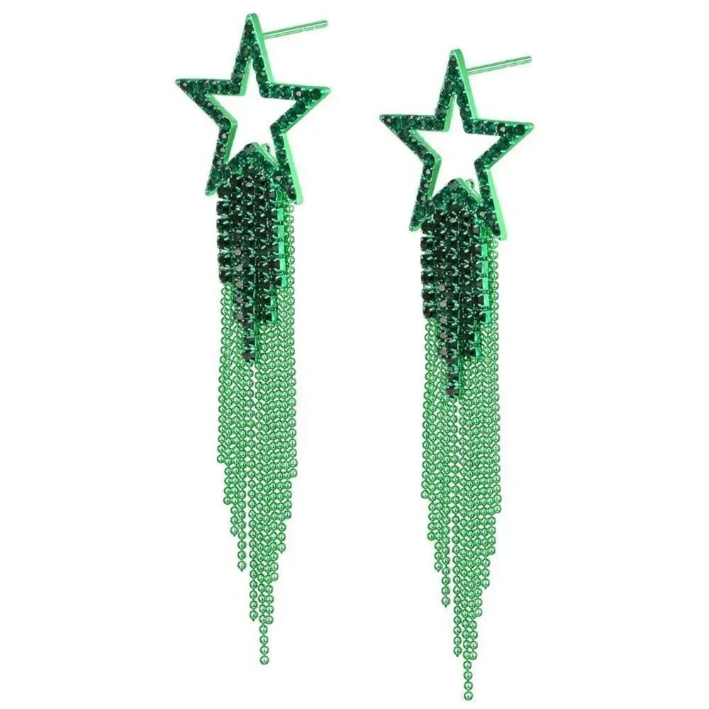 Green with Emerald Green Crystal Star Beaded Tassel Post Back Dangling Earrings